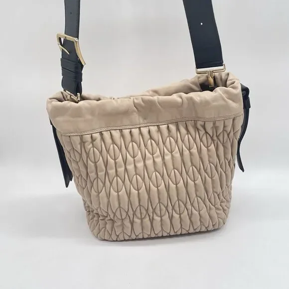 Furla Caos Quilted Leather Bucket Bag Beige Drawstring Shoulder Bag